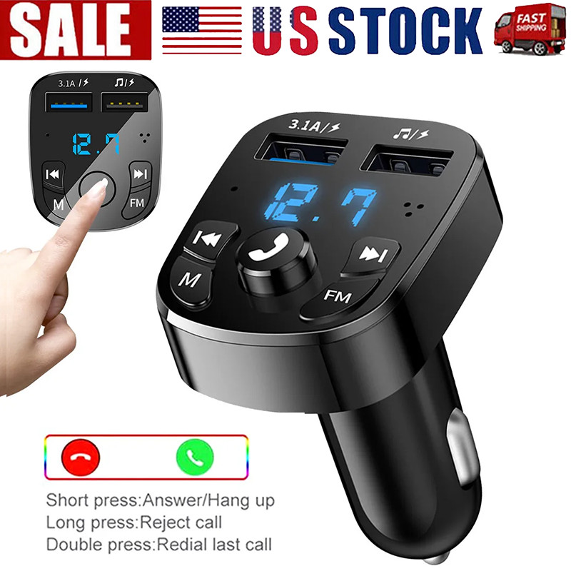 2PCS Bluetooth 5.0 Car Wireless FM Transmitter Adapter 2USB PD Charger AUX Hands