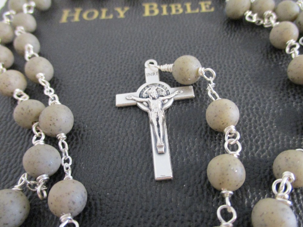 Handmade Gray Granite 5 Decade Catholic Rosary w/Silver St. Benedict Crucifix