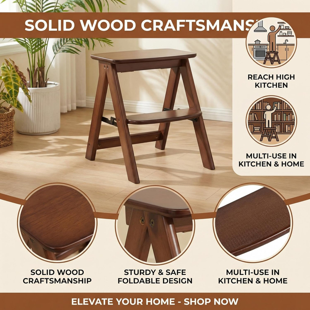 2 Step Stool Foldable- Bamboo Step Ladder, Small Folding Step Stool Cute