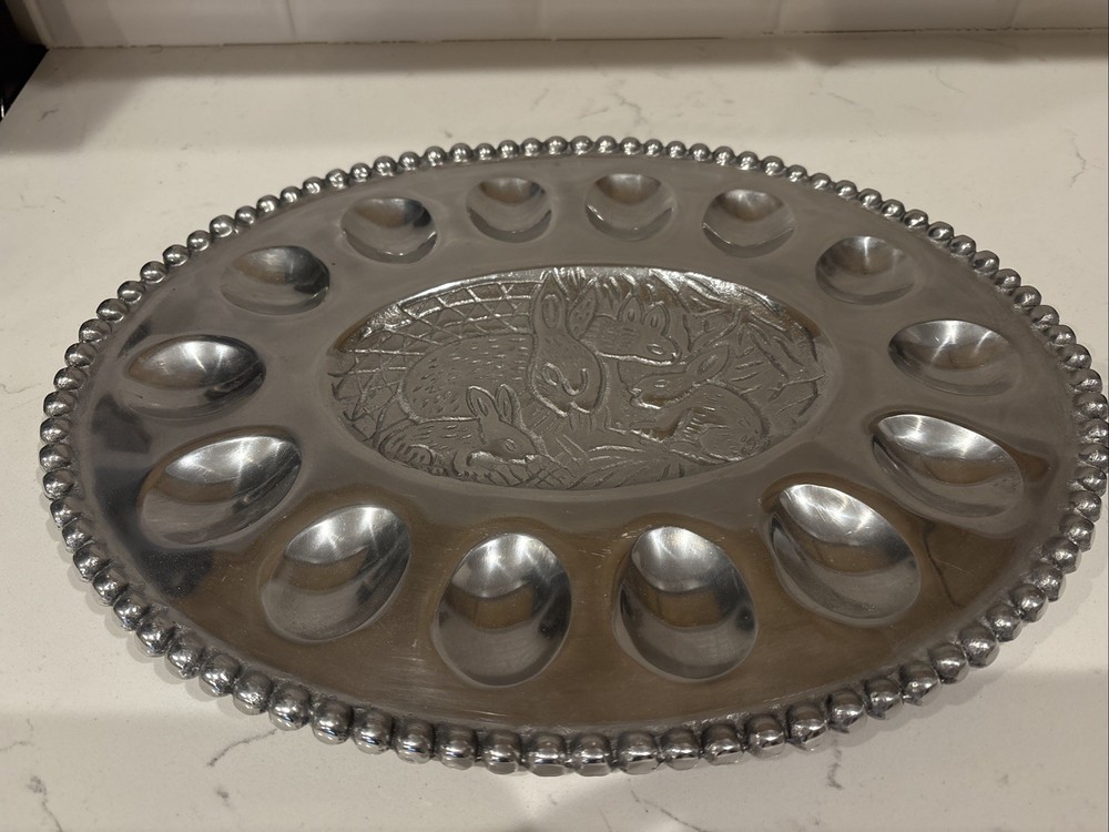 Oval Rabbit Deviled Egg Silver Tone Metal Platter Tray Beaded Trim