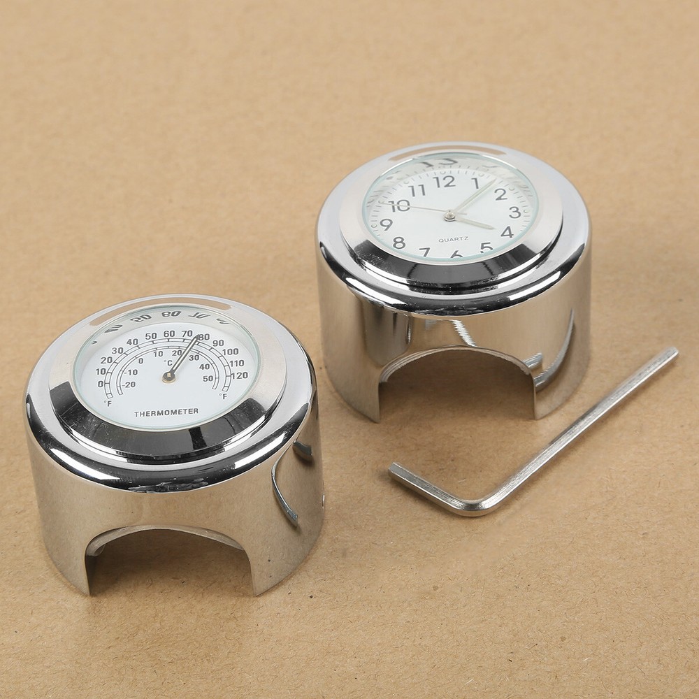7/8'' 1'' Motorcycle Handlebar Mount White Dial Clock & Thermometer Temp