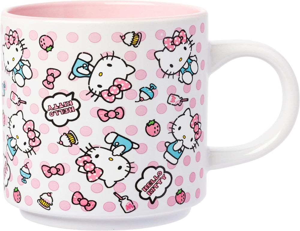 Hello Kitty Polka Dot Food Scribble Single Stackable Ceramic Mug, 13 Ounces