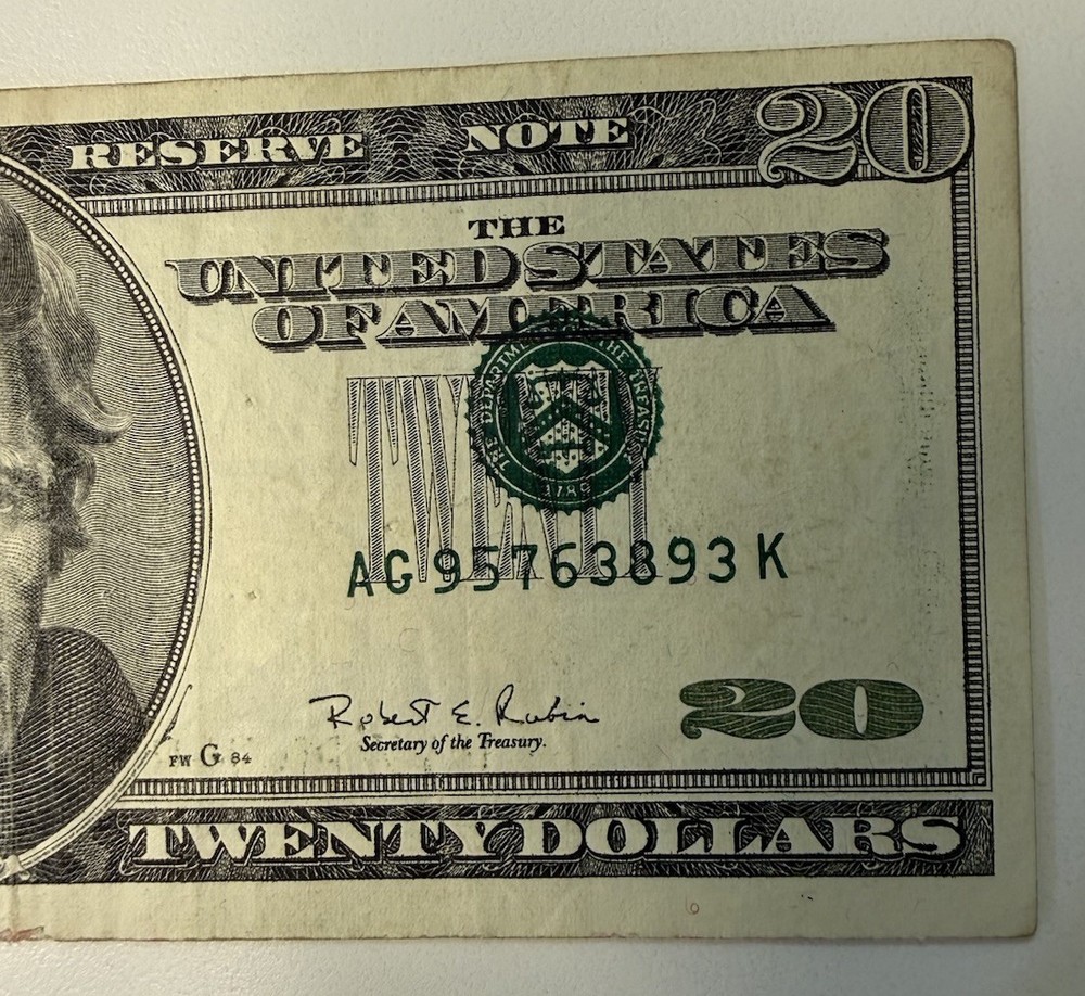 1996 $20 Error . Circulated Note . Offset Printing ,Seal And Serial Number.