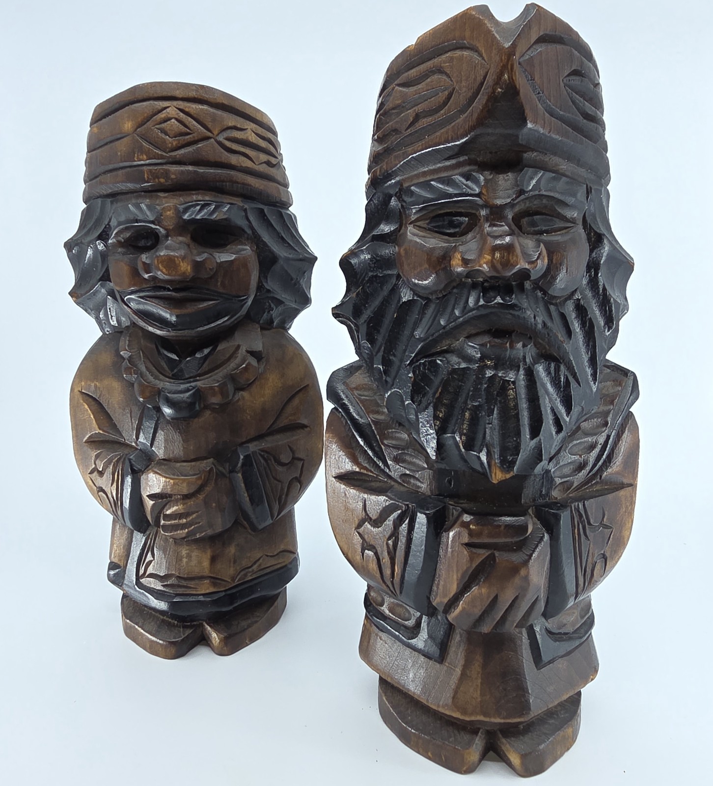 Pair Of Vintage Japanese Hokkaido Ainu Nipopo Hand Carved Wooden Statues 9"