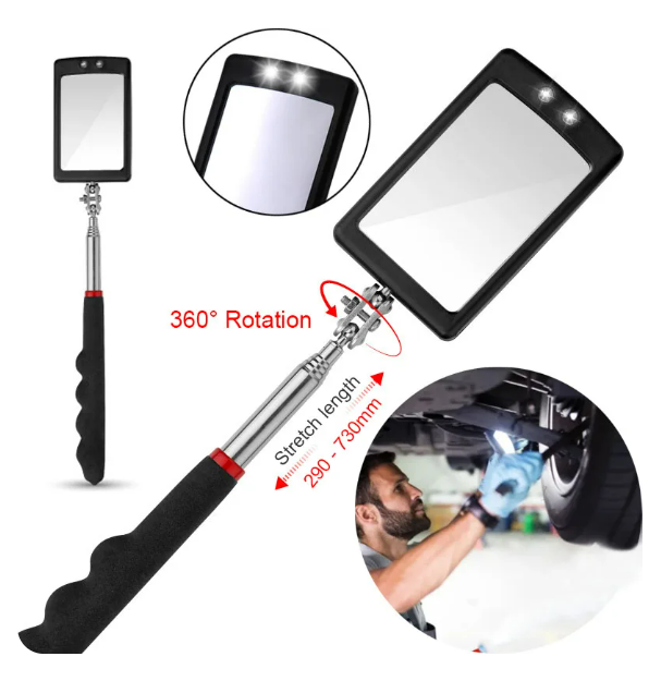 Inspection Mirror LED Lighted Mechanic Telescoping illuminate Swivel Extendable
