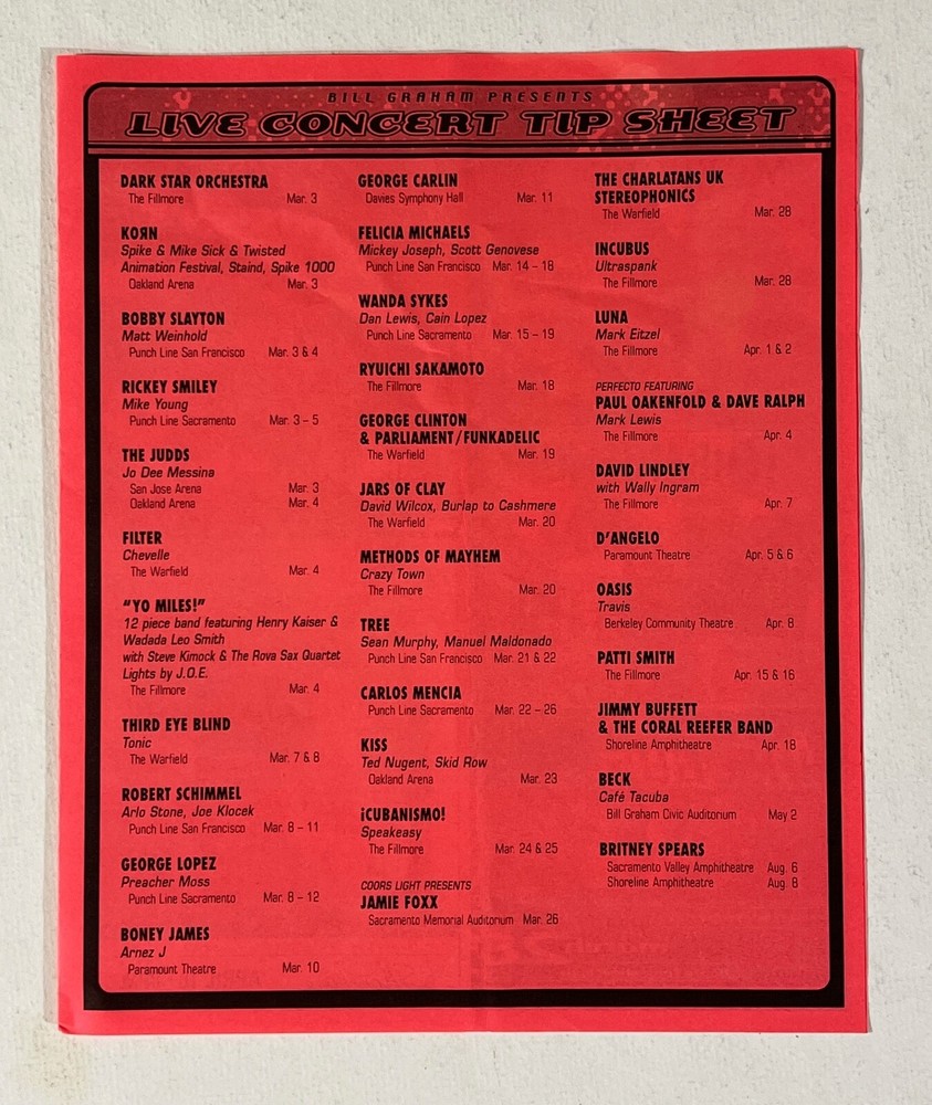 KISS, Beck, Britany Spears, George Clinton Bill Graham Presents 2000 handbill