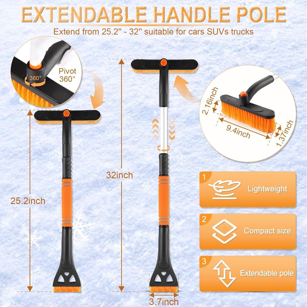 32-Inch Extendable Snow Brush & Ice Scraper with 360° Rotating Head