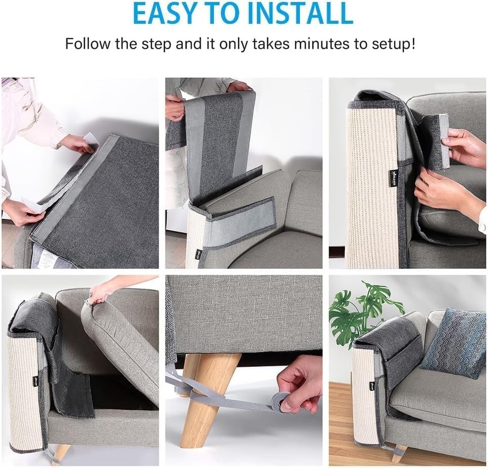 All Gray Cat Scratch Protector - Large Sisal Sofa Arm Shield for Right Side