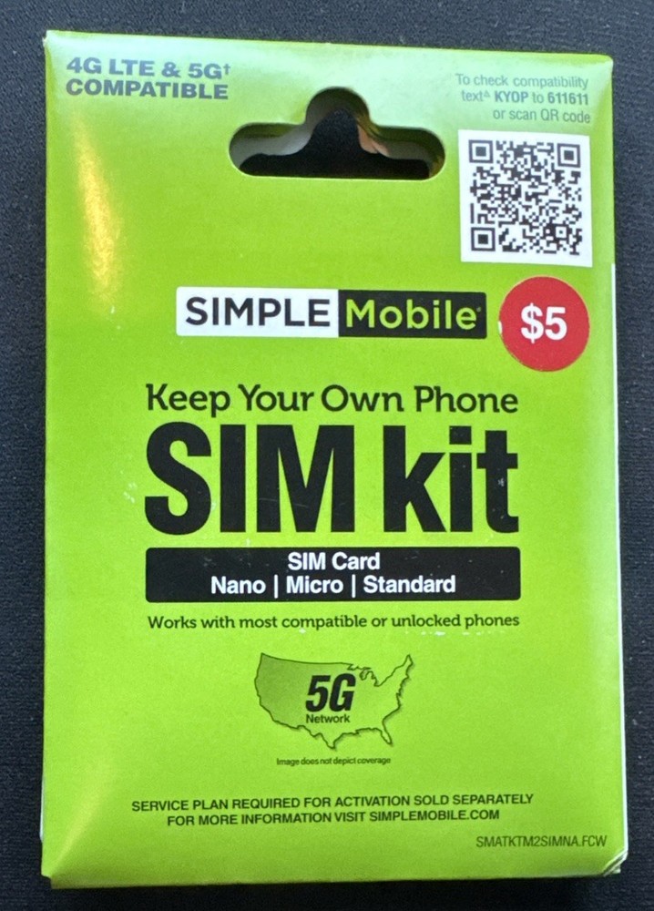 Simple Mobile Keep Your Own Phone SIM Kit 4G LTE/5G Android/iPhone Compatible