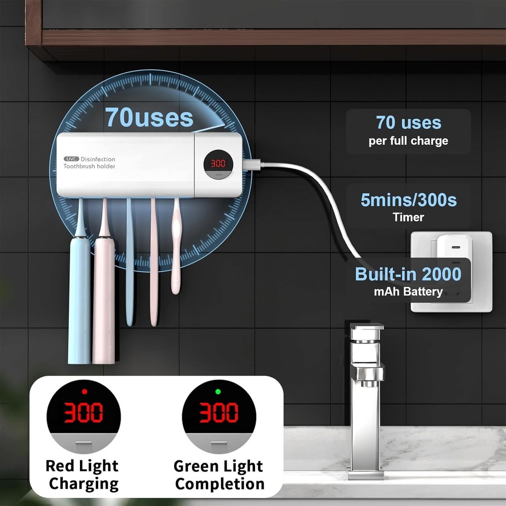 HouseGem Toothbrush Holder, Timer Function, 2000mAh Rechargeable White