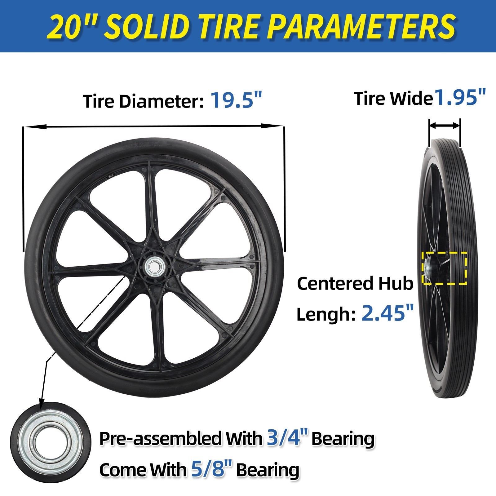 2-Pack 20" Flat Free Tire & Wheel For Rubbermaid Wheelbarrow, Garden Yard Cart