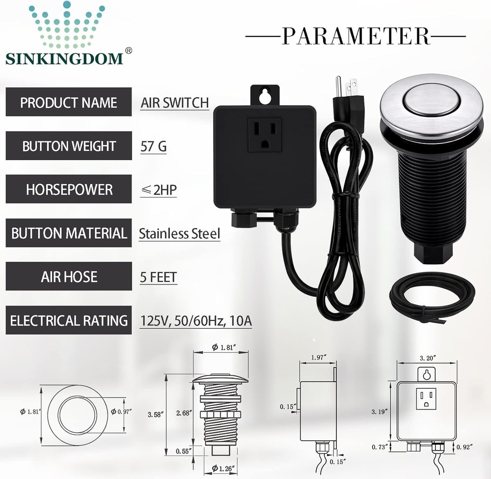 SINKINGDOM Garbage Disposal SinkTop Air Switch Kit with Long ButtonBrass