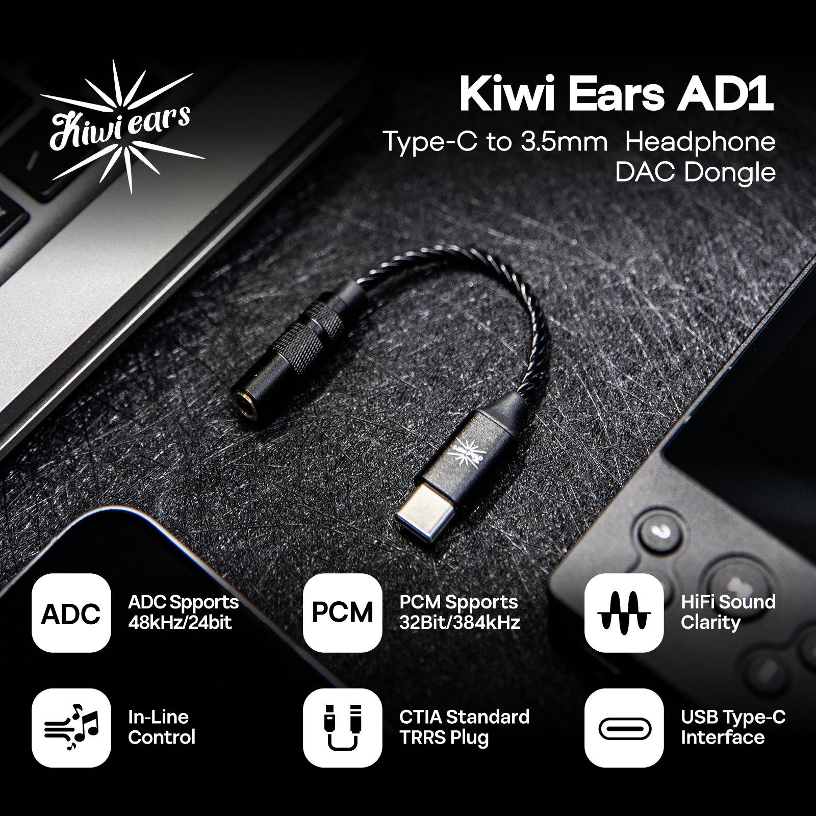Kiwi Ears AD1 Type-C to 3.5mm Female Headphone DAC Dongle with KT02H20 Chip