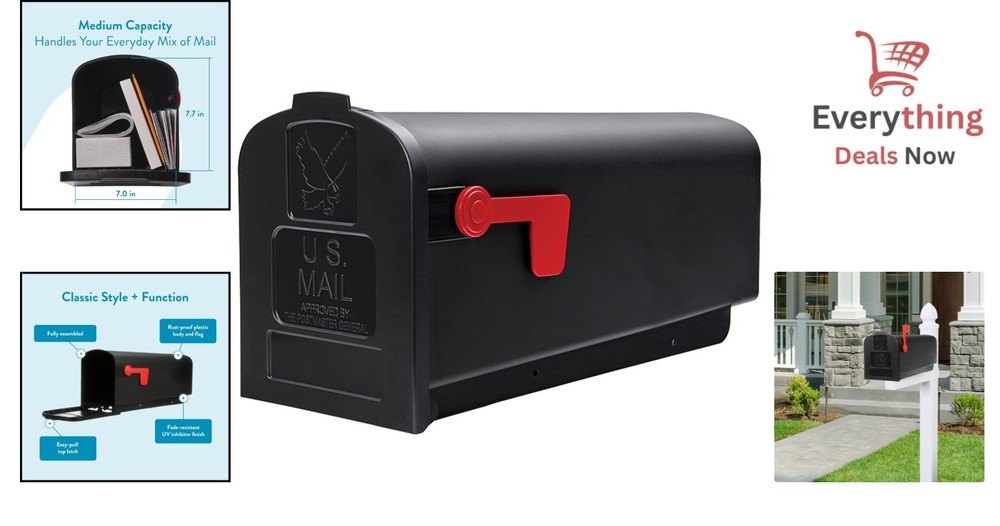 Rust-Proof Plastic Post-Mounted Medium Curbside Mailbox, Black, USPS Approved
