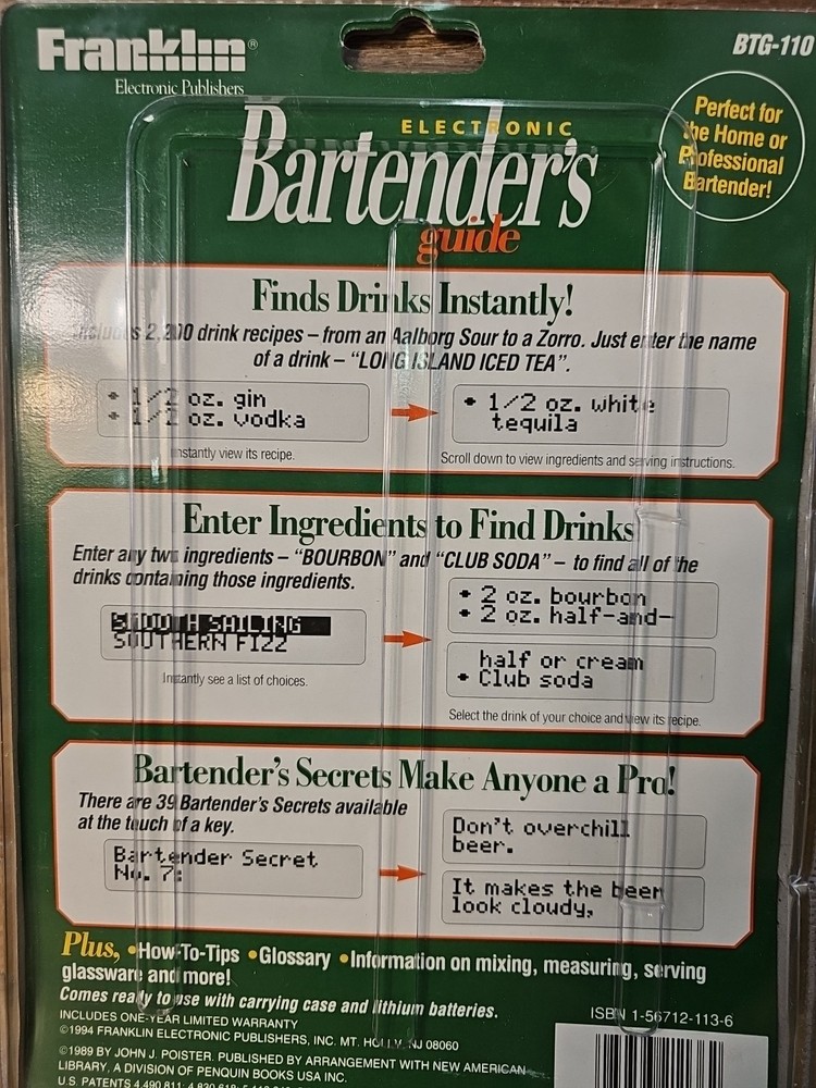 Franklin Electronic Handheld Bartender's Guide Model BTG-110 New