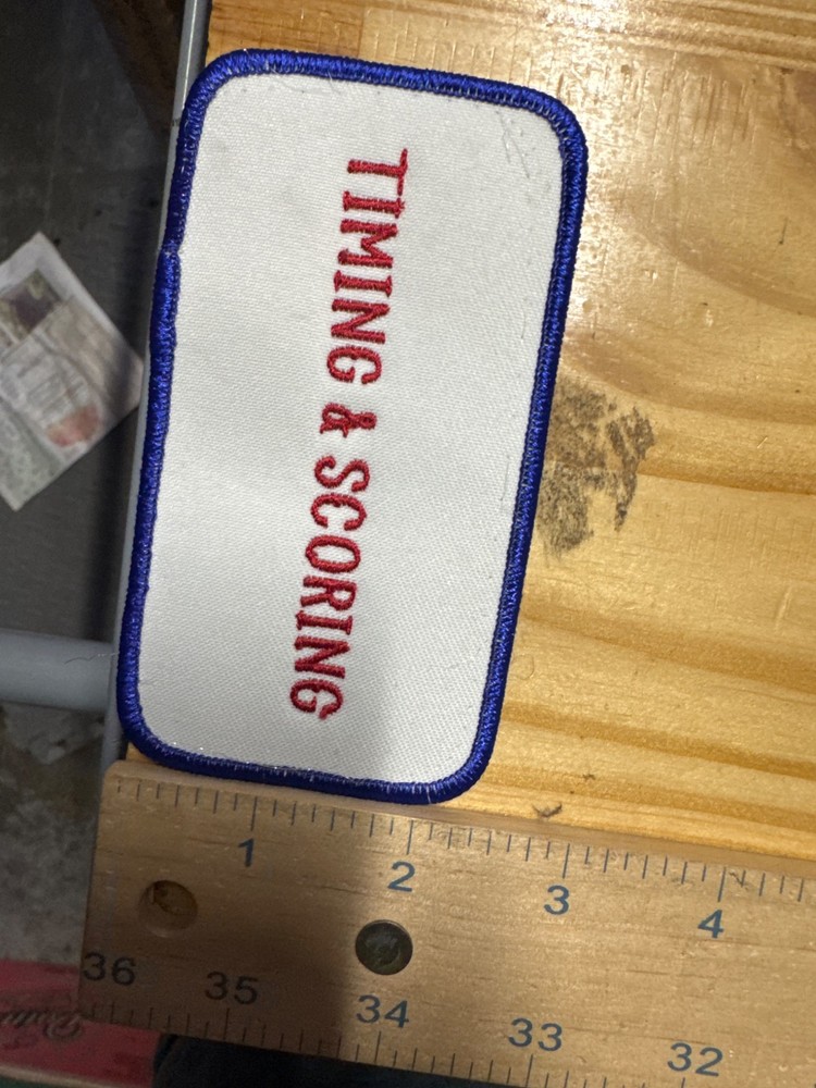 Embroidered Patch Timing & Scoring Red Text White Background Blue Border New