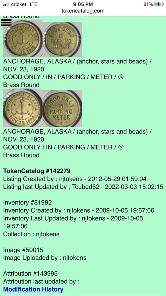 "1920" Anchorage, Alaska Parking Meter Token