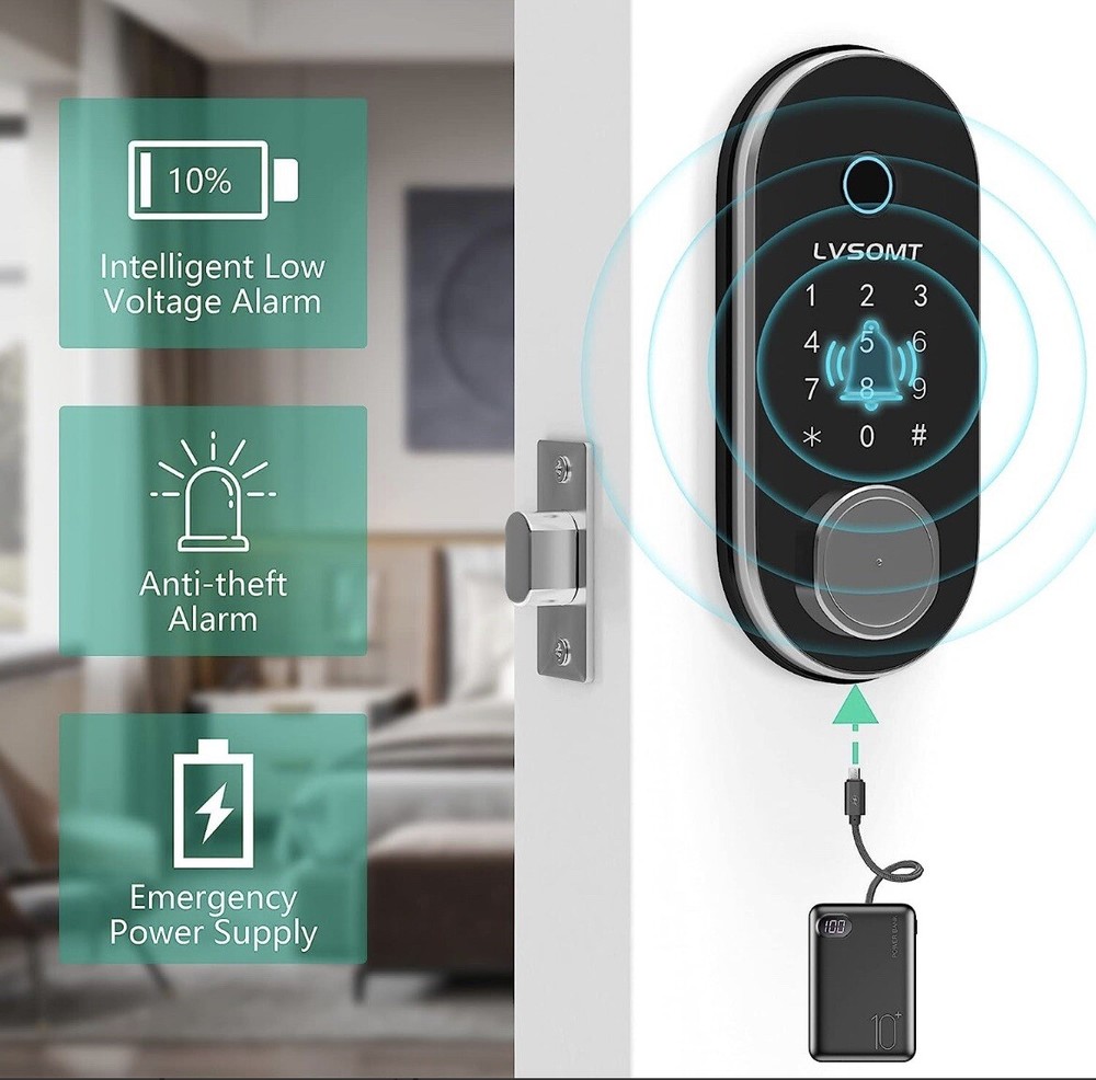 LVSOMT Smart Door Lock, Fingerprint, Passcode, App Control, IC Card Or Key