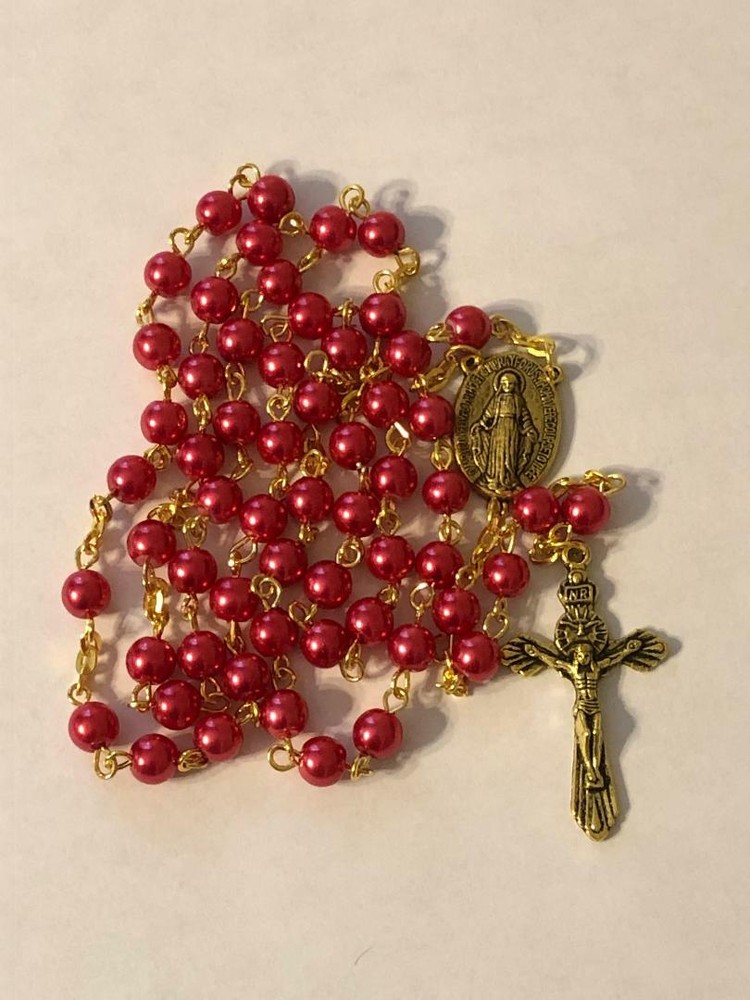 Traditional Miraculous Center Red Glass Pearl Catholic Rosary Beads