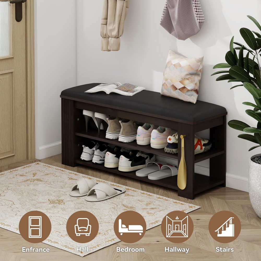 Multi-Functional Leather Storage Bench Entryway Ottoman with Shoe Rack and Hooks
