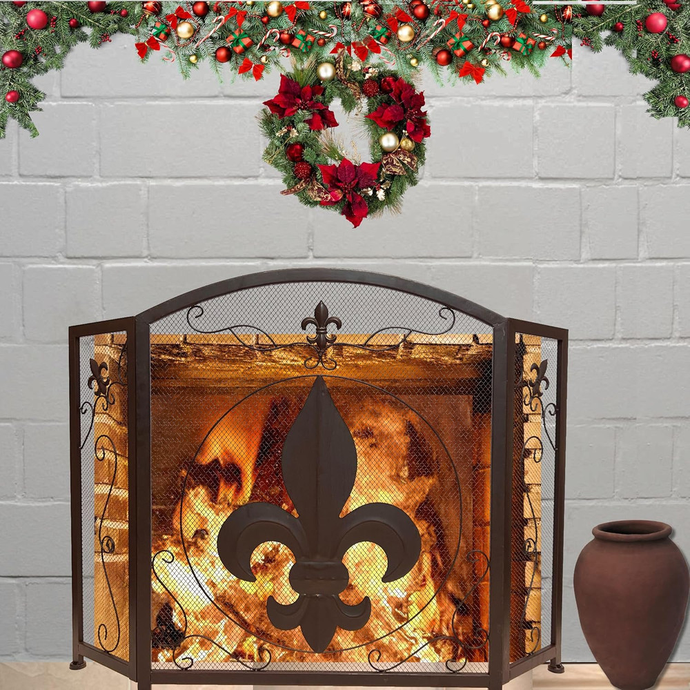 3-Panel Fireplace Screen Decorative with Fleur De Lis Design, Classic Dark Brown