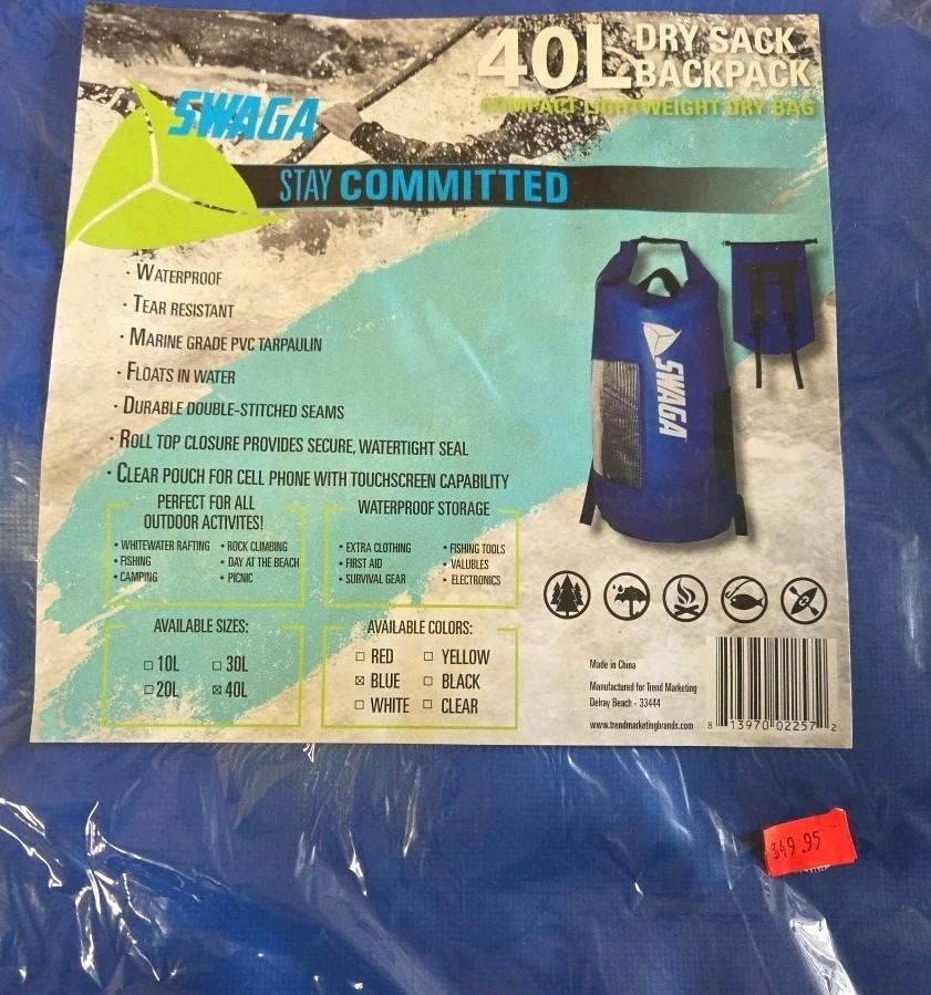 SWAGA 40L DRYSACK BACKPACK-WATERPROOF-NEW