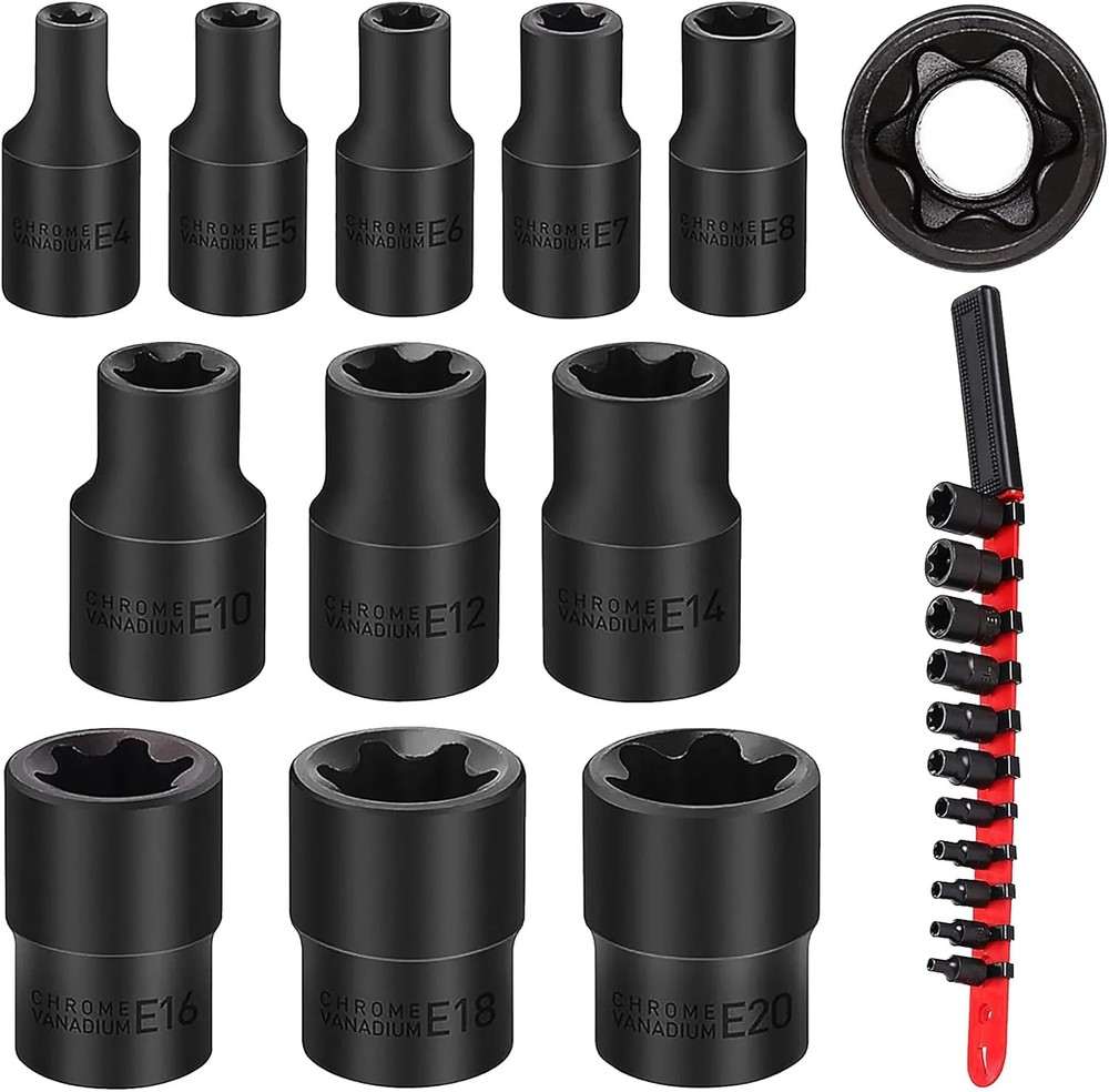 SEDY 11-Piece E-Torx Socket Set - Star Sockets Set with Socket Rail, External To