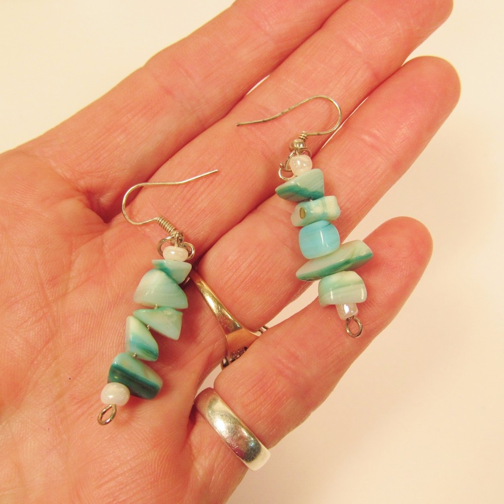 1 1/2" Aqua Turquoise Color Stacked Shell Chips Handmade Drop Dangle Earring