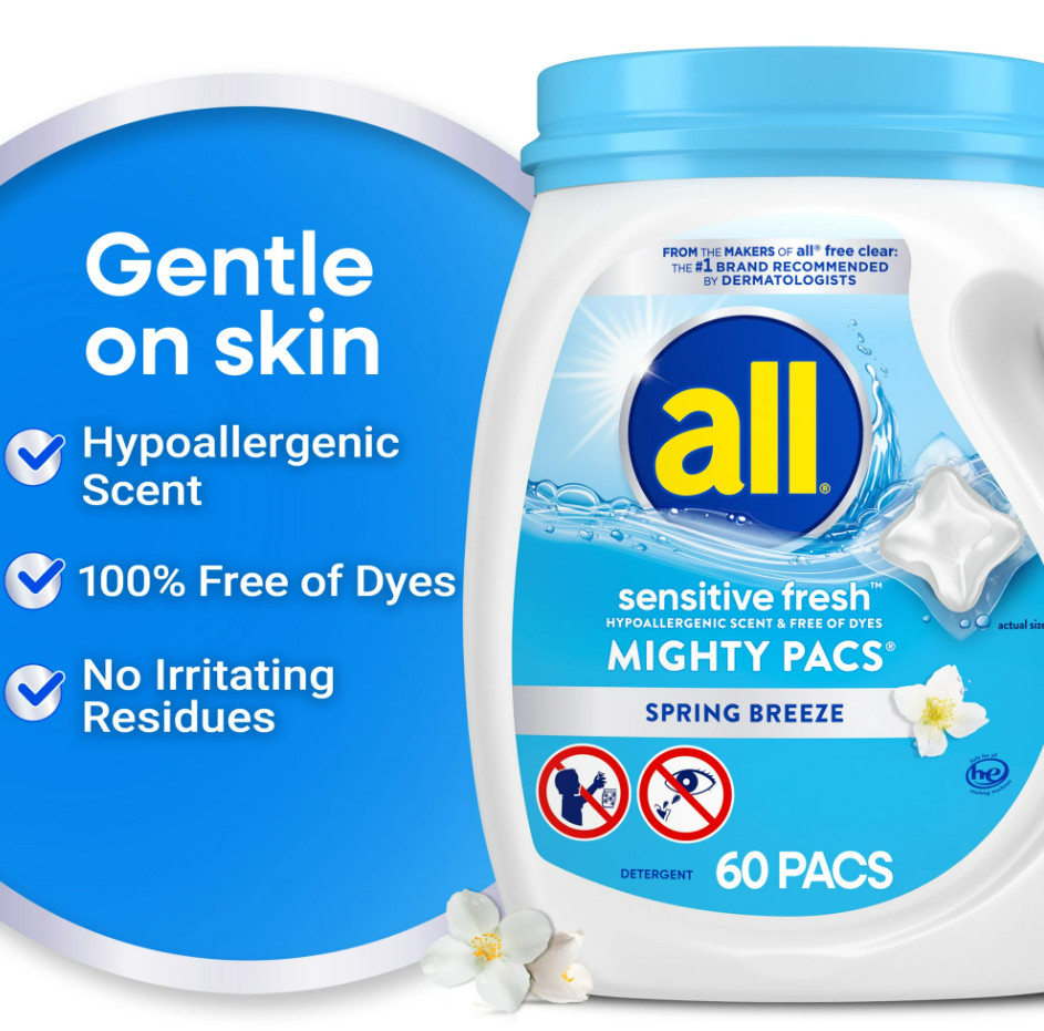 all Unit Dose Laundry Detergent, Mighty Pacs, Sensitive Fresh, 60 Count