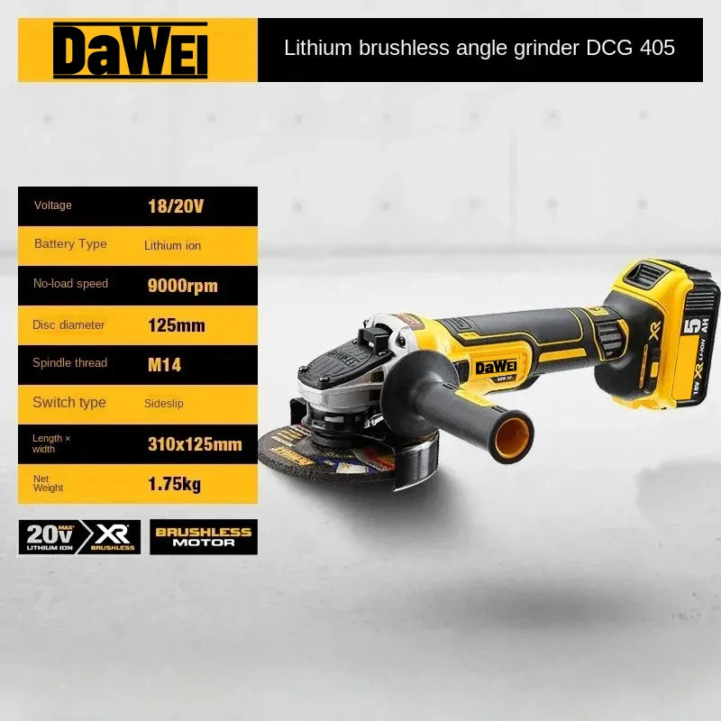 DaWei DCG405 Brushless 125mm Flat Head Angle Grinder Bare Machine Tool for...