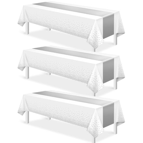 3Pcs White and Silver Tablecloth Party Decorations,Plastic 3 Pack White Silver