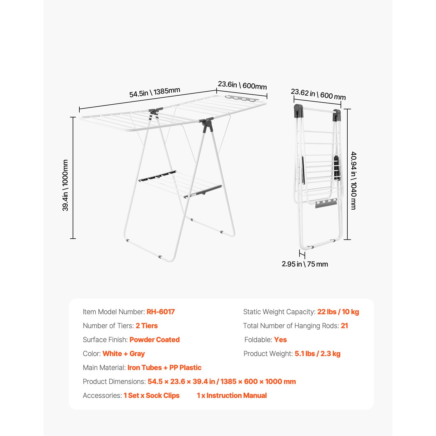 2-Tier Foldable Clothes Drying Rack with Sock Clips & 21 Drying Rods White