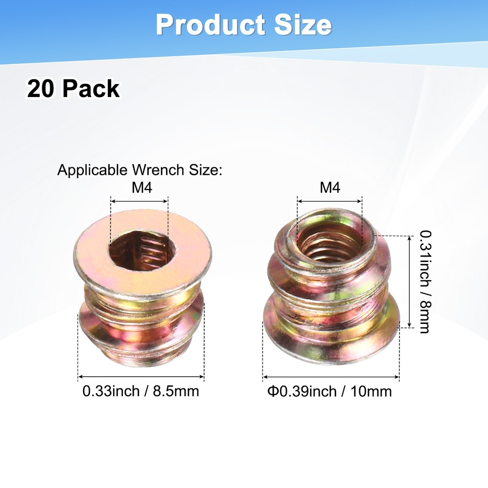 20-Pack Threaded Inserts for Wood, M4x8mm Threaded Insert Nuts [Gold Tone]