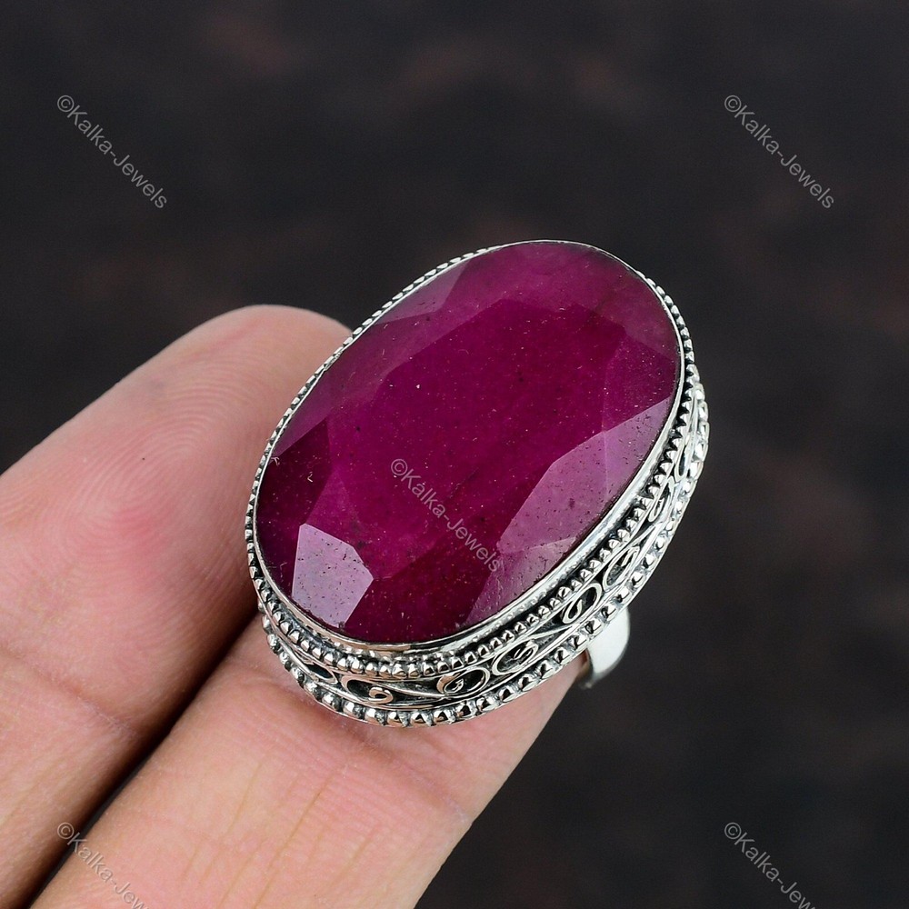 Kashmir Rubi Gemstone Stackable Vintage Red Adjustable Ring 925 Sterling Silver