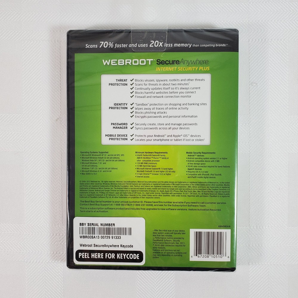 Webroot Software Secure Anywhere Internet Security Plus 2013 for PC / Mac - NEW