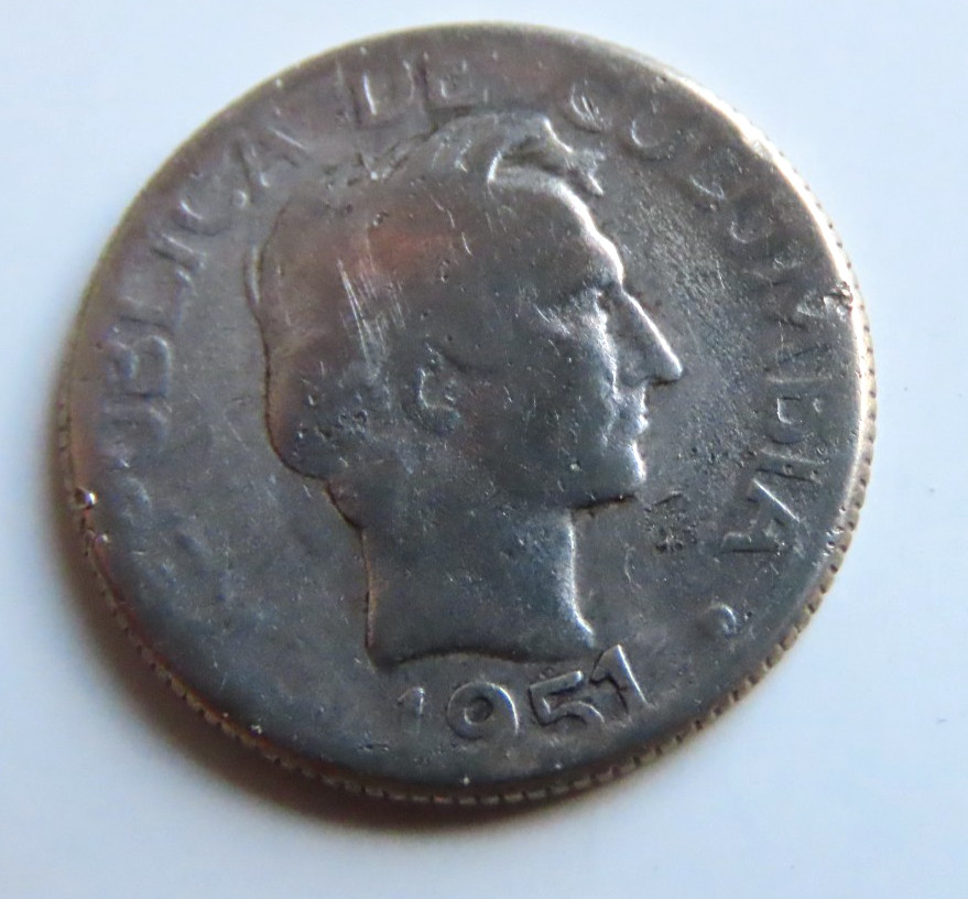 1951 Colombian Silver 10 Cent Coin