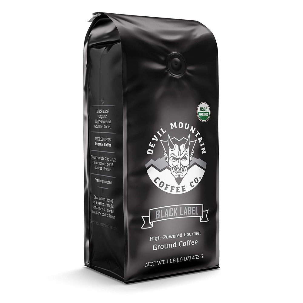 Devil Mountain Black Label Dark Roast Coffee, High Caffeine, 16 Oz Bag