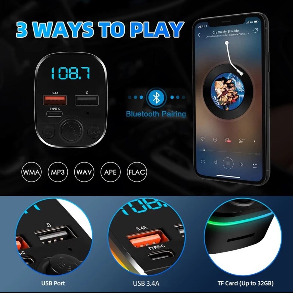 Car FM Transmitter Bluetooth 5.0 Handsfree With TypeC Dual USB 3.4A Fast Charger