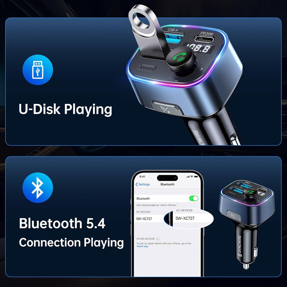 Bluetooth 5.3 FM Transmitter Car Adapter 48W(PD 36W & 12W) [Light Switch] [Hi-Fi