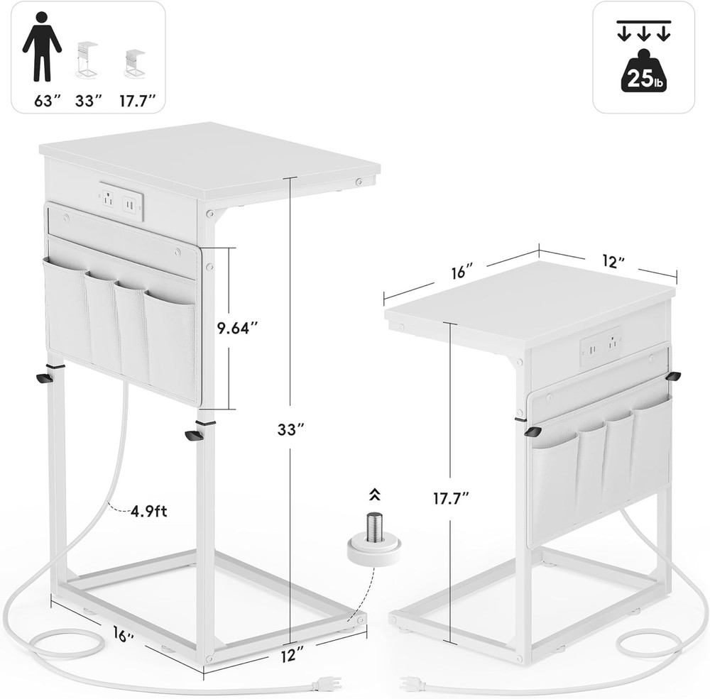 C Shaped End Table W/ Charging Station Adjustable Height Side Table Couch Sofa