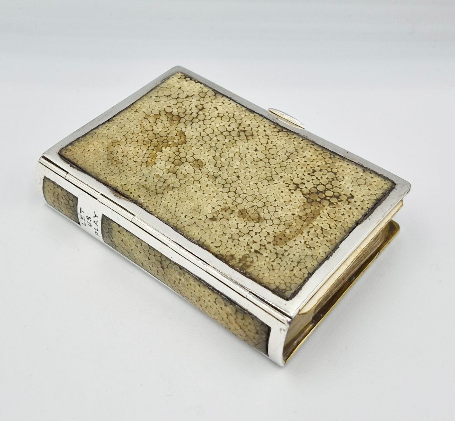FINE NOVELTY SOLID SILVER & SHAGREEN "LET US PLAY" BOOK PLAYING CARD CASE c1910