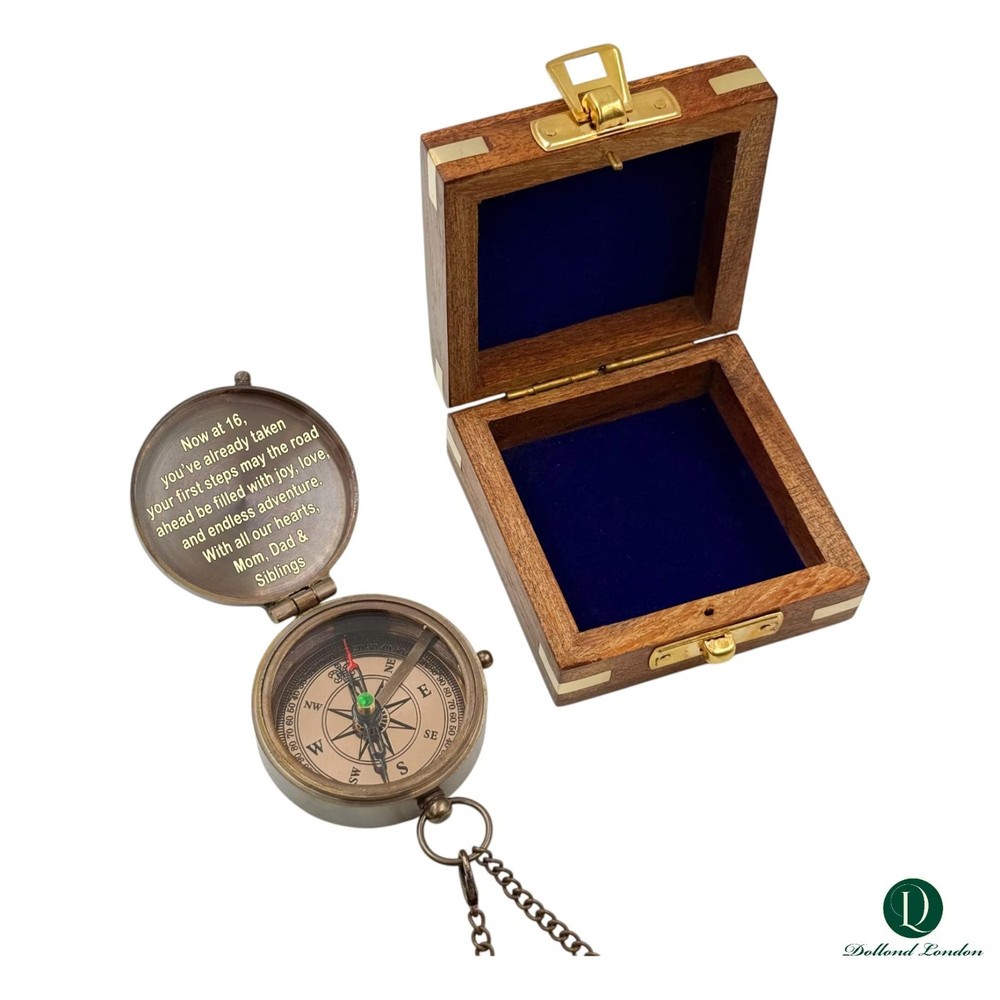 Nautical Brass Engraved Compass Personalised 16th Birthday Compass with Case