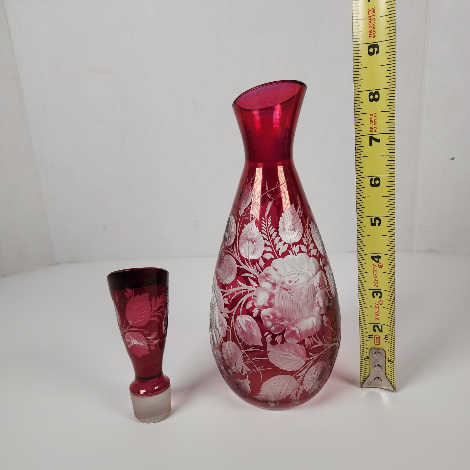 Bohemian Art Glass Ruby Red Liquor Decanter Etched Floral Design Vintage