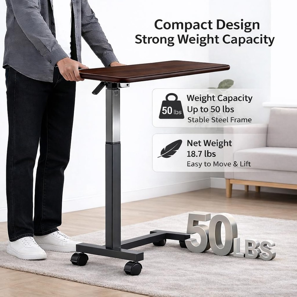Adjustable Overbed Table W/ Wheels Pneumatic Height Lift Rolling Bedside Table