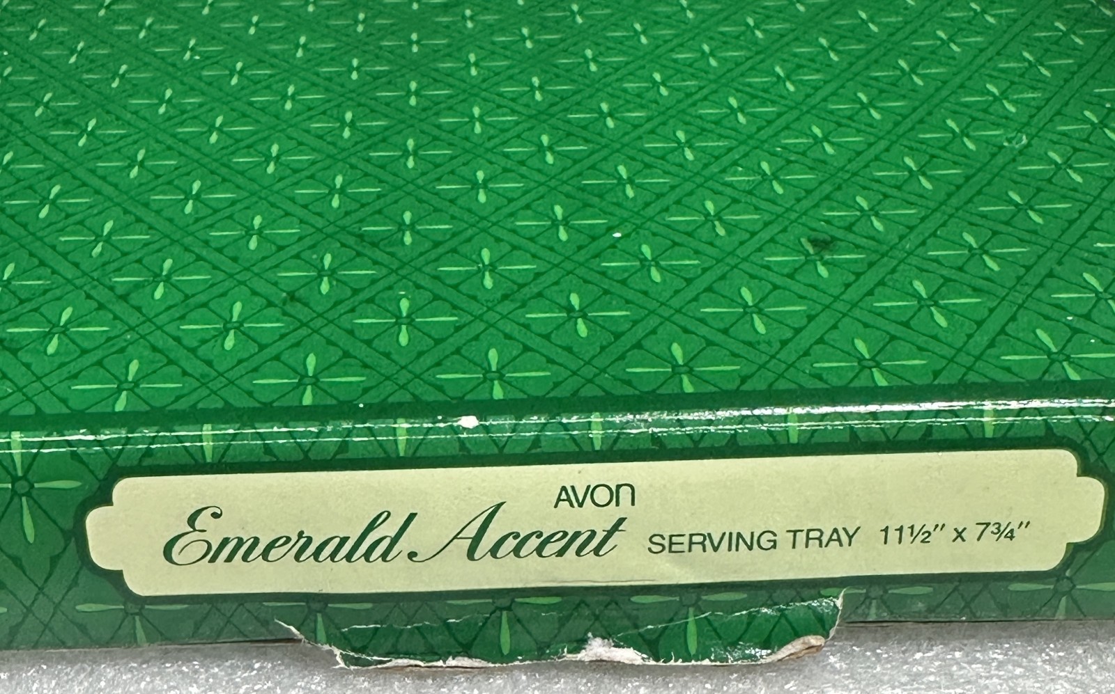 AVON Vintage EMERALD ACCENT Glass Decanter Set with Tray & 4 Glasses + Boxes 80s