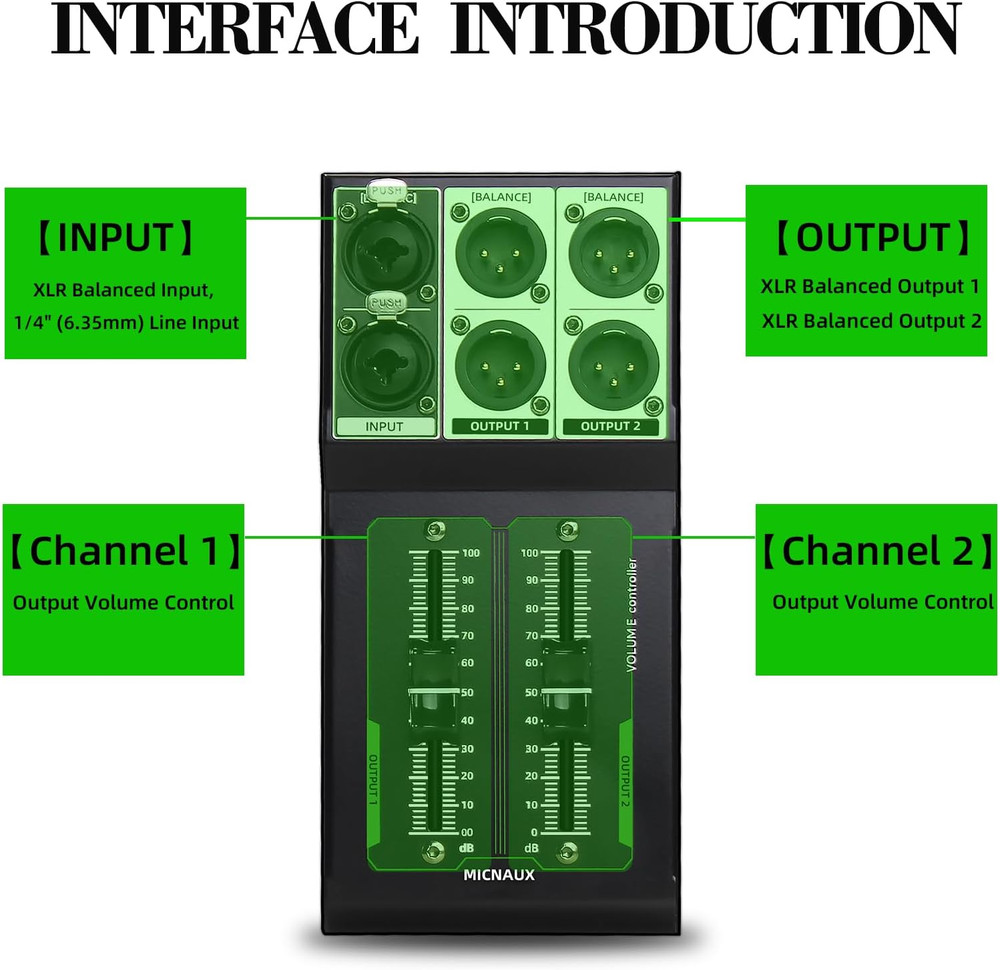 Passive Monitor Volume Controller, XLR 2 Input 2 Output Stereo Studio Controller