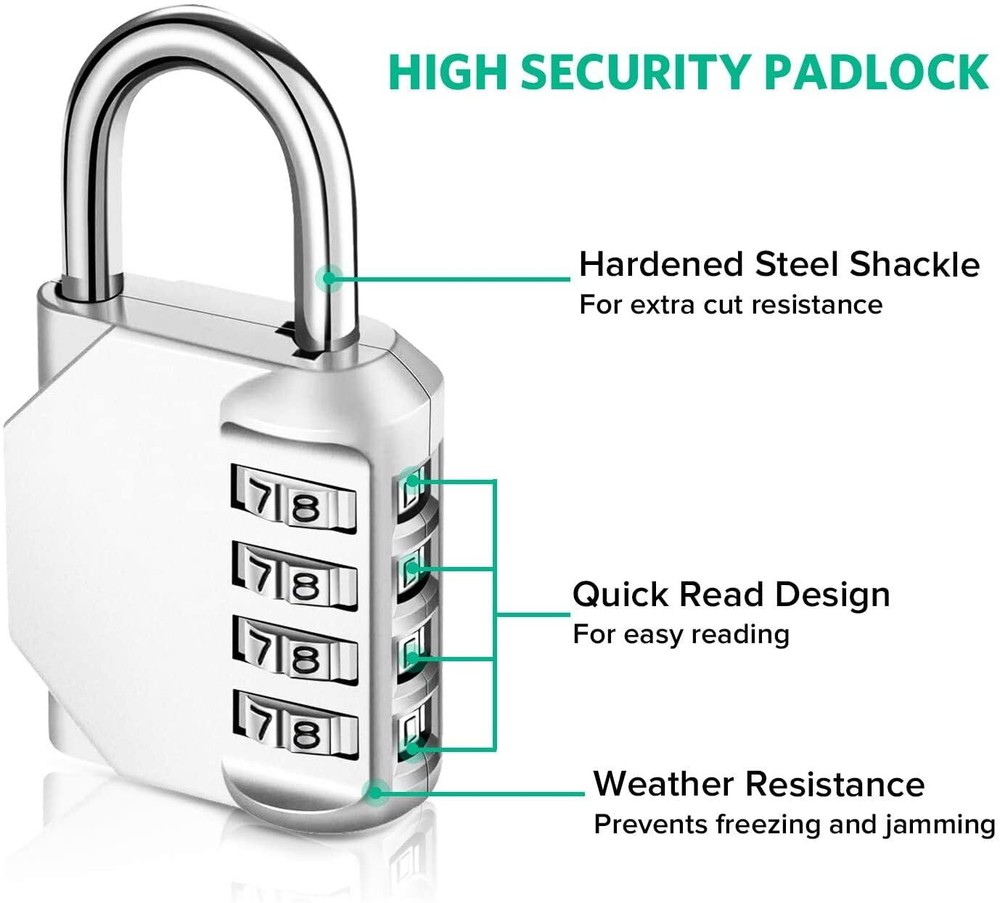 4-Digit Combination Padlock for Lockers Gyms Schools 2 Pack Metallic Silver
