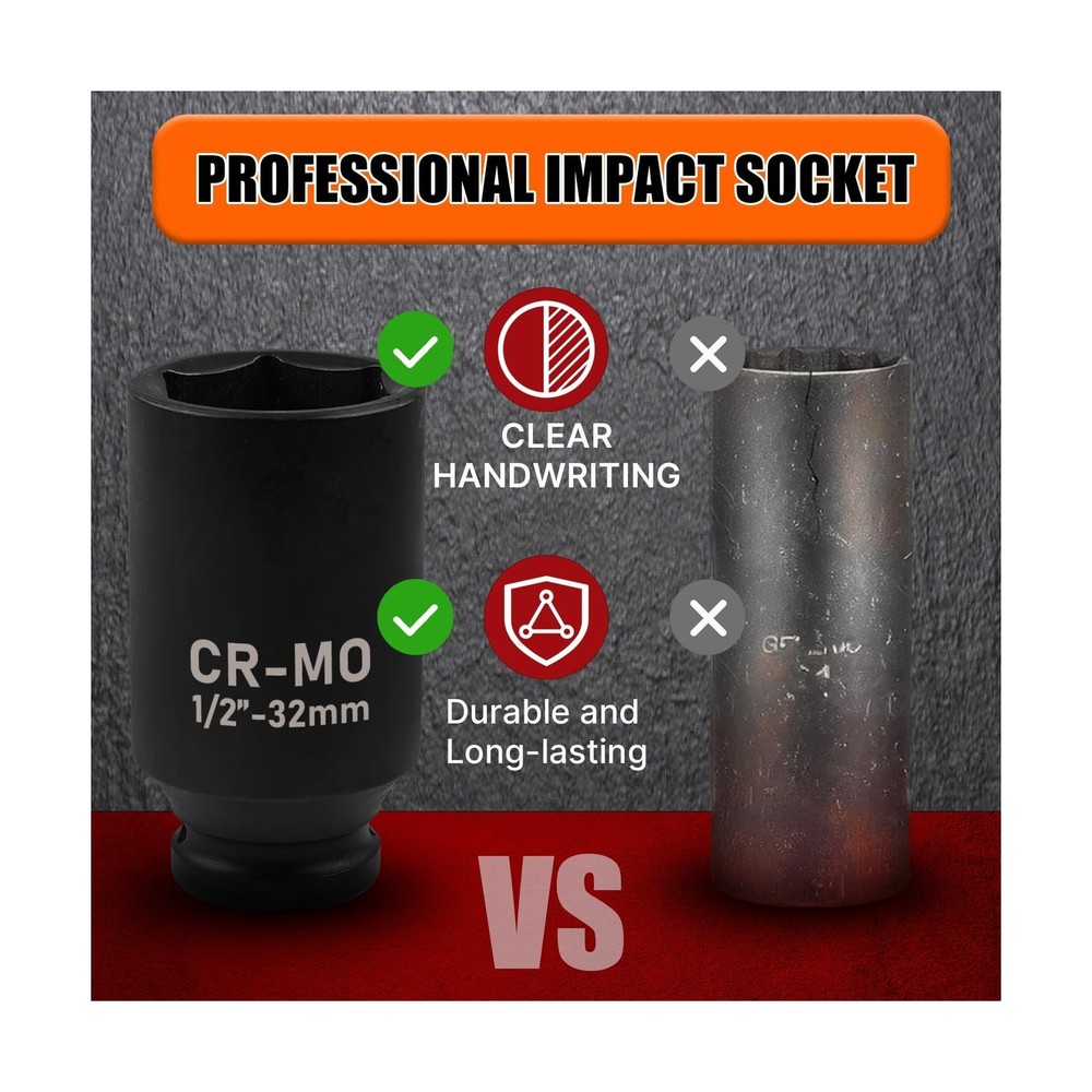1/2" Drive Deep Impact Socket, 33mm Metric Socket, Axle Nut Socket CR-MO 6 Po...