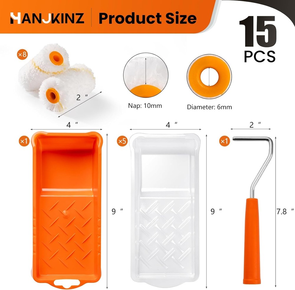 Paint Roller kit, 2 Inch 15 Pack Small 2 Kit, 15 Pack, light orange