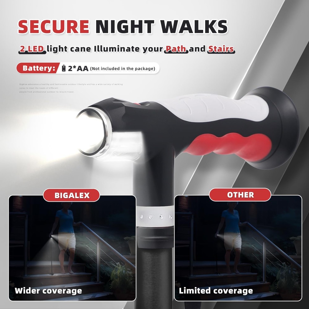 Folding Cane with 2 LED Lights, 8 Adjustable Heights, Solid Base - Comfortable